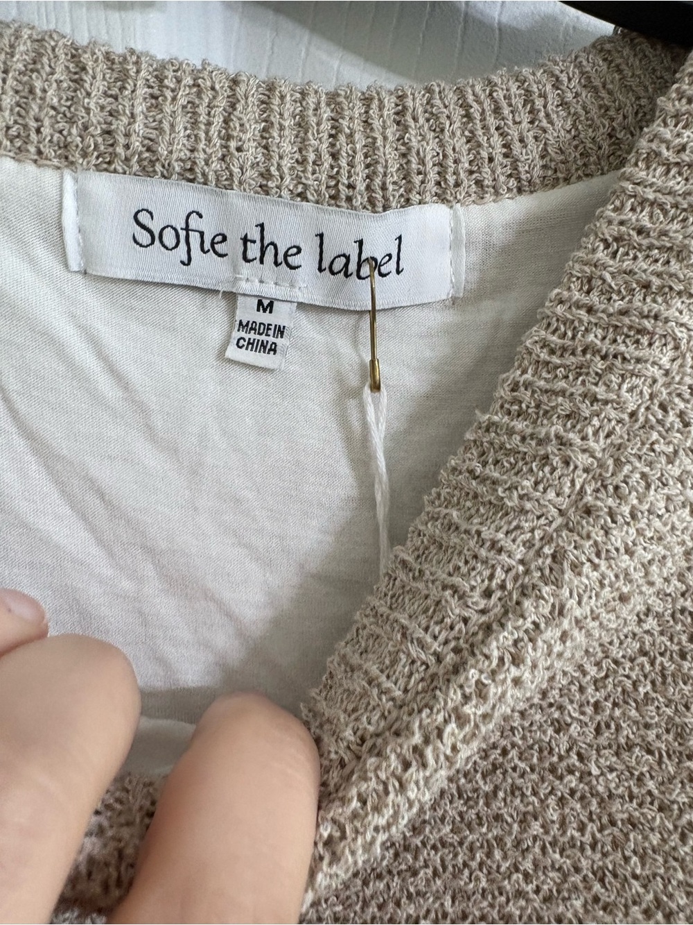 Sofie the label women mixed media white tan ruffle puff sleeve top size medium - Picture 5 of 11